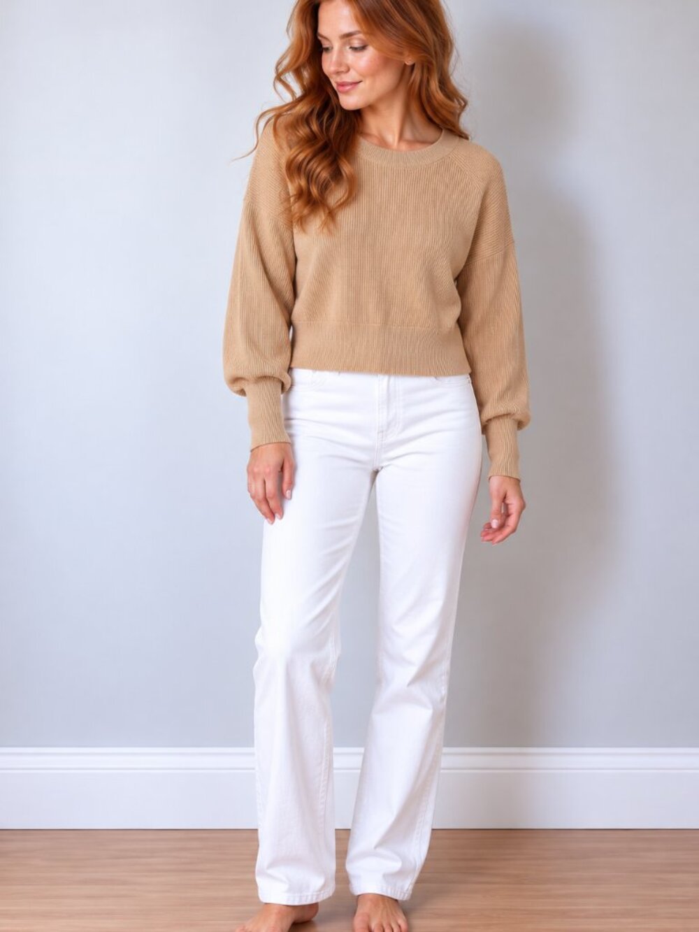 J.Crew Balloon-Sleeve Crewneck Sweater Camel Tan Merino Wool XL